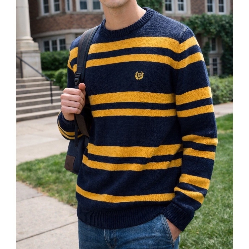 NWT Chaps Men's Small Cotton Sweater Navy Gold Stripe Preppy Ivy League Nautical